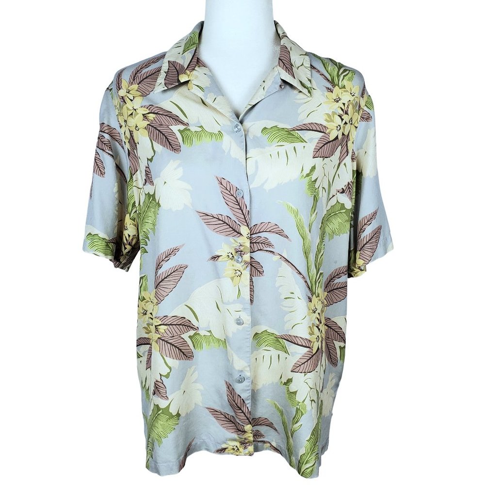Liz Claiborne 100% Silk Tropical Print Short Sleeve Blouse Women's Large Golf